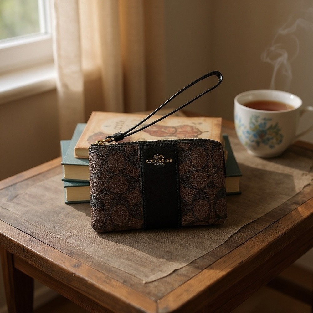 Coach Signature‎ Coated Canvas Corner Zip Wristlet Brown Black Gold